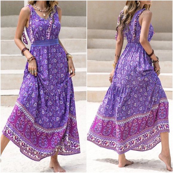 Boho Floral Print Sleeveless maxi Dress - Picture 3 of 5